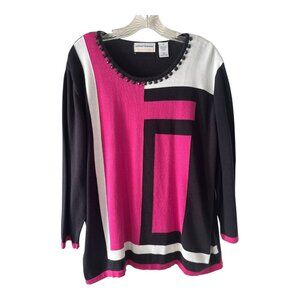 Alfred Dunner Women’s 2X Geometric Colorblock Sweater Top Pink Black White Beade